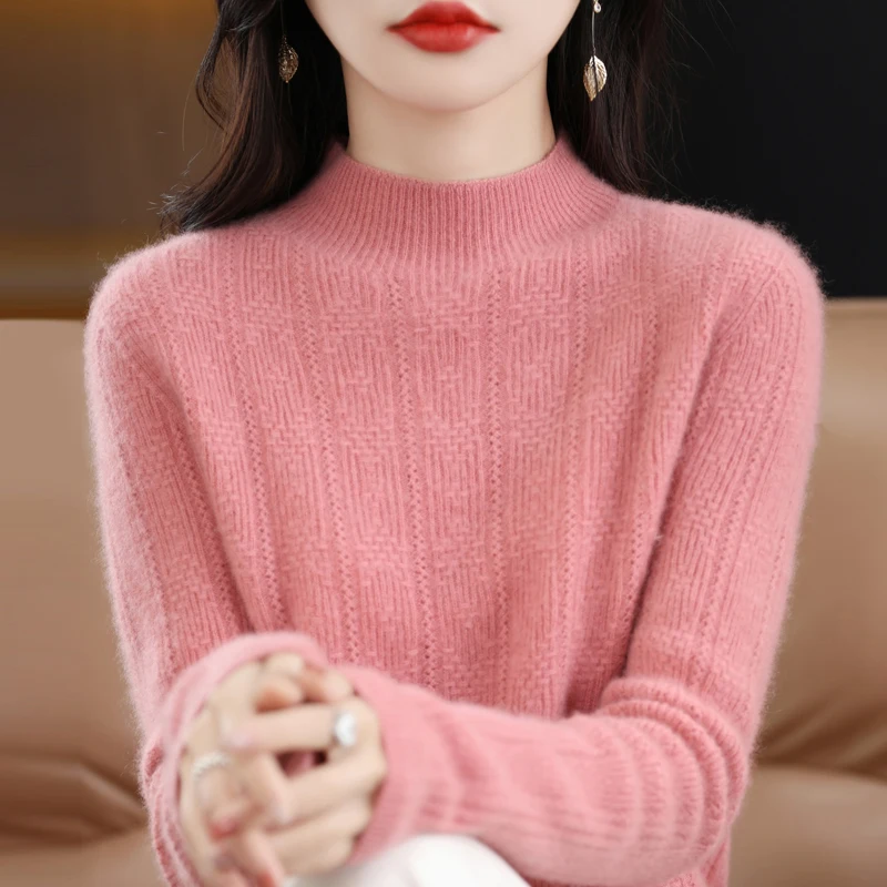 

Spring and autumn new 100% merino cashmere sweater women's knitted turtleneck long-sleeved hollow pullover fashion loose top