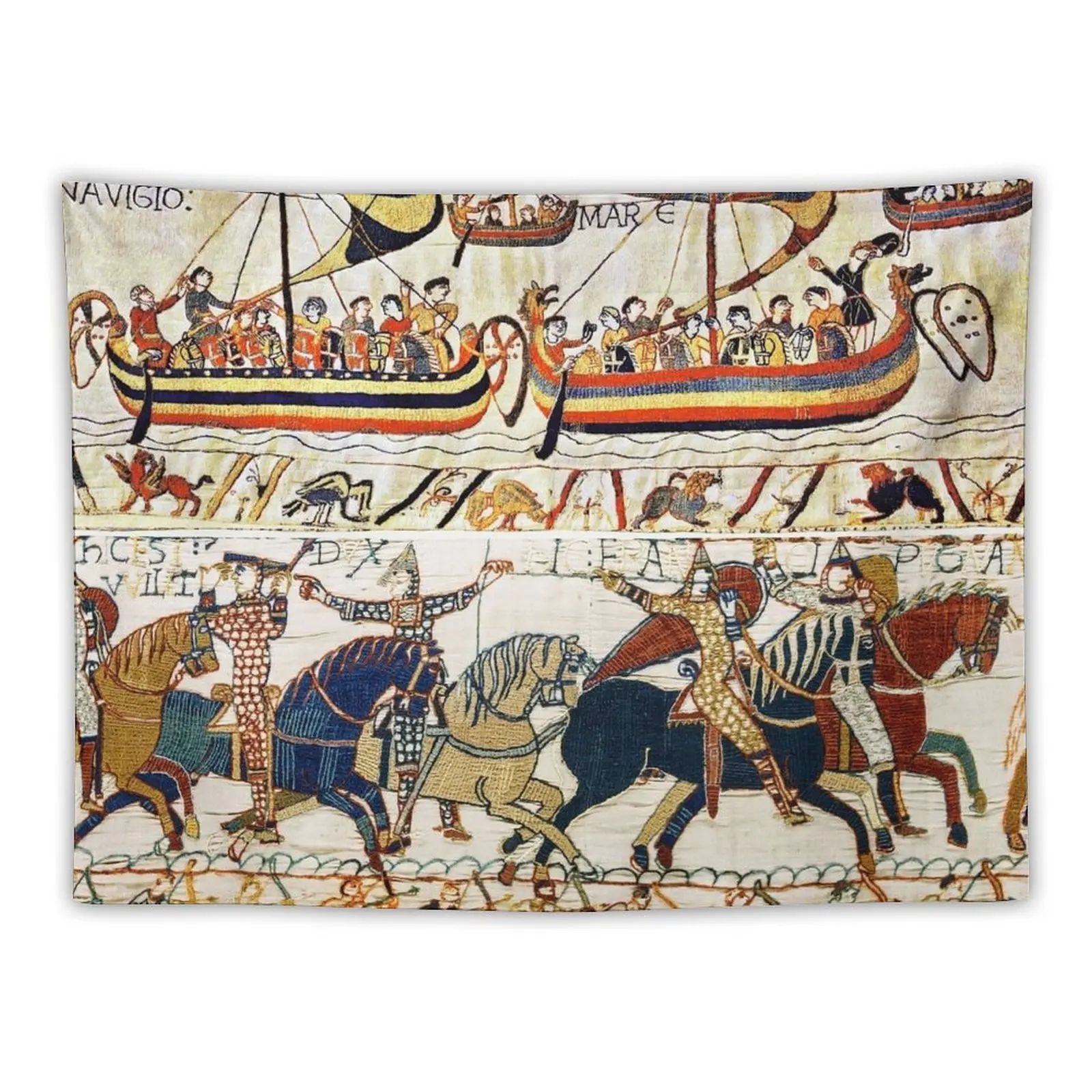 

THE BAYEUX TAPESTRY ,BATTLE OF HASTINGS ,NORMAN KNIGHTS HORSEBACK, ARCHERS AND VIKING SHIPS Tapestry On The Wall Tapestry