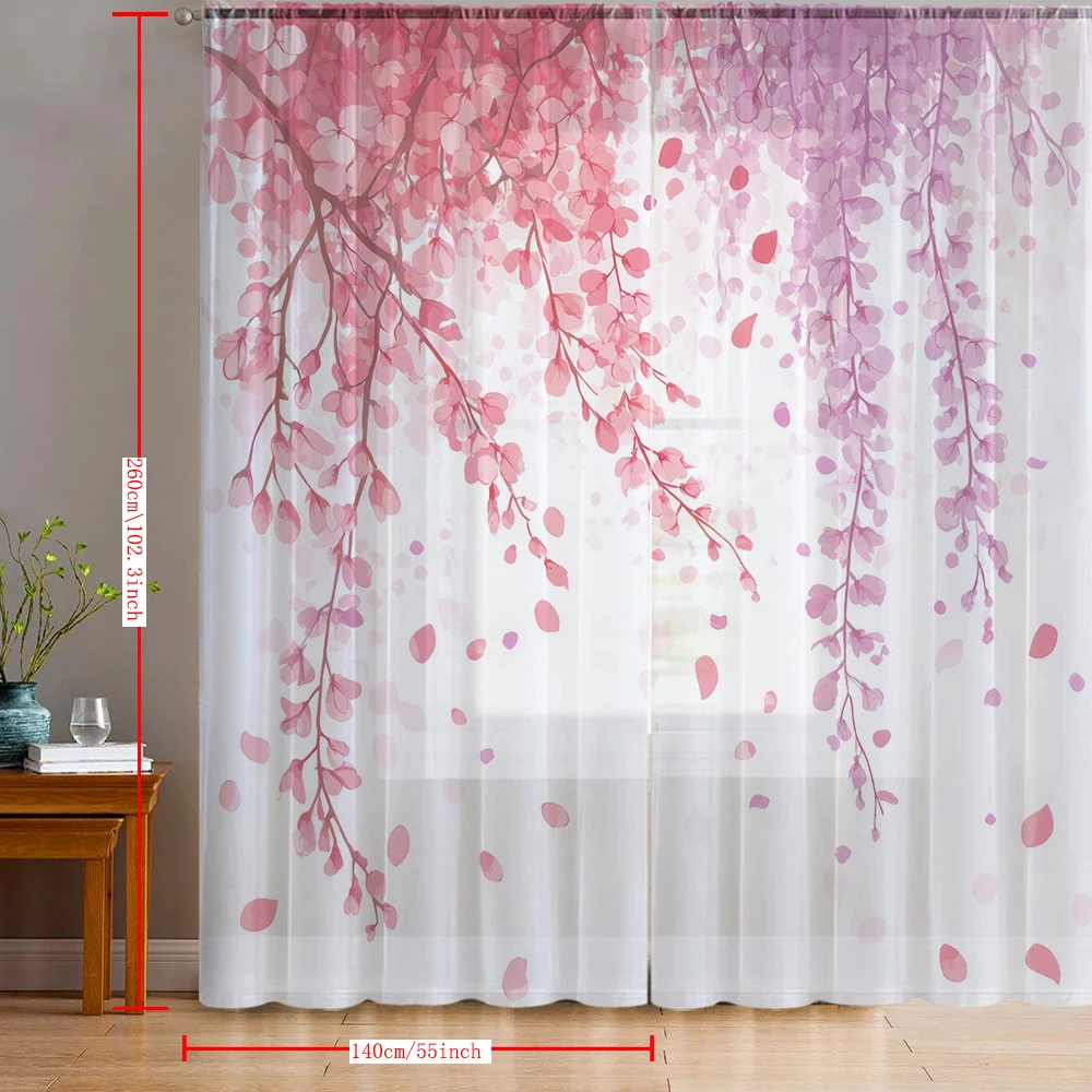 2PCS Home decoration powder purple leaf printed window screens with pole bags, suitable for kitchens, cafes, and living rooms