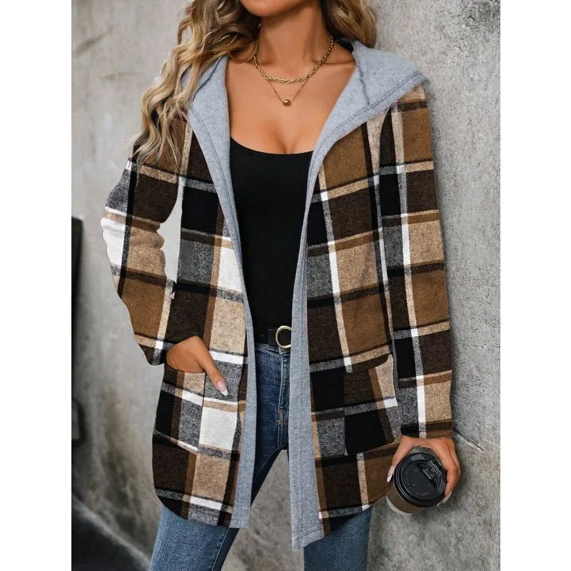 

Женский кардиган в клетку больших размеров, куртка-кардиган с длинным рукавом, однобортная теплая толстовка на шнурке, повседневное повседневное пальто