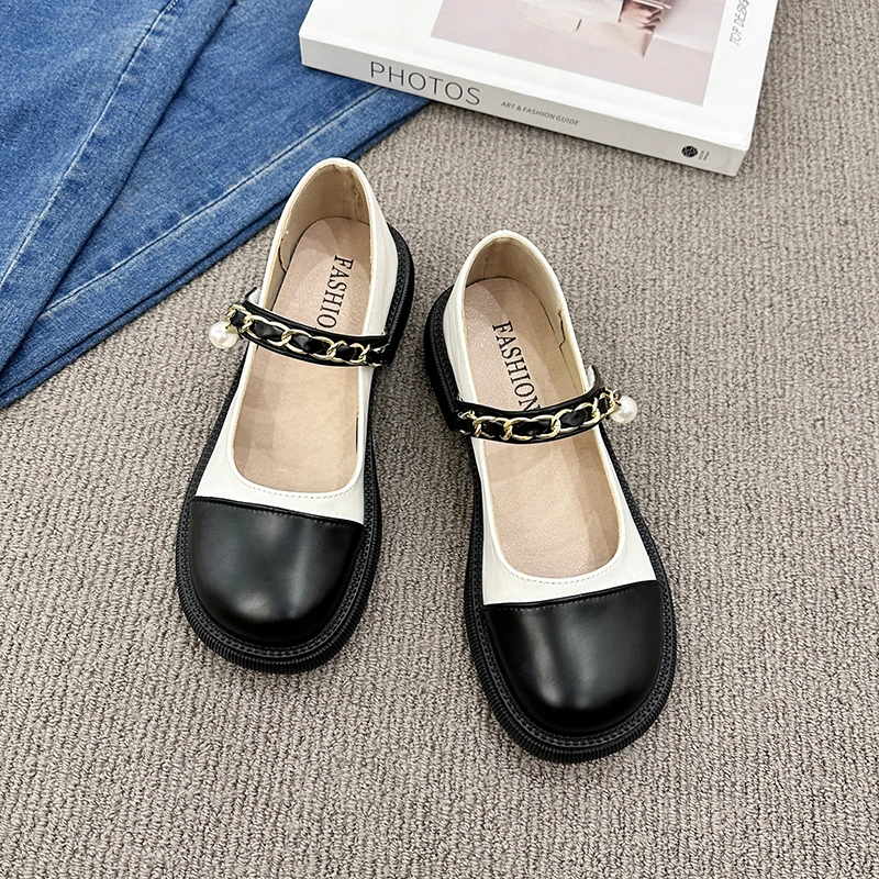 2023 Summer New Round Head Colored Pearl Chain Leather Top Women\'s Shallow Mouth Shoes Comfortable Single Shoe Women