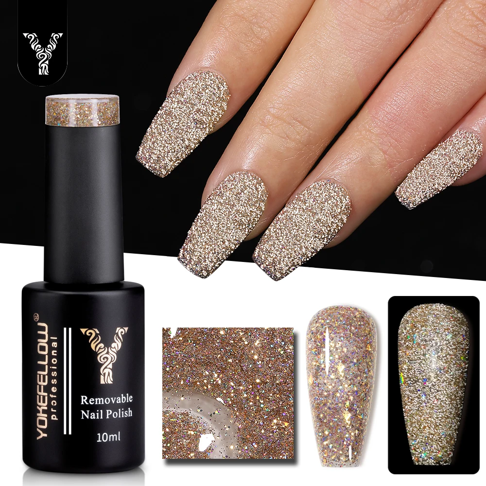 YOKEFELLOW Reflective Glitter Gel Nail Polish 10ML BD03 Sparkle Glitter Sliver Gold Gel Varnish with Ultra-sparkly Diamond Dust