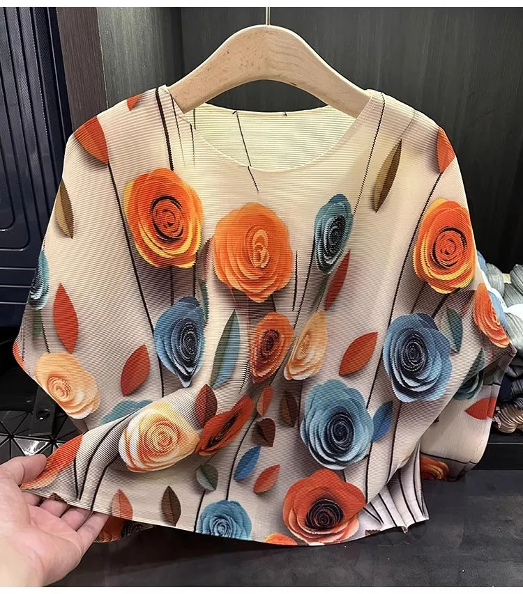 Gorgeous 3D Rose Flower Printed Miyake Pleated Shirts Women O-Neck Batwing Sleeve Fashion All-match Casual Loose Chiffon Tops