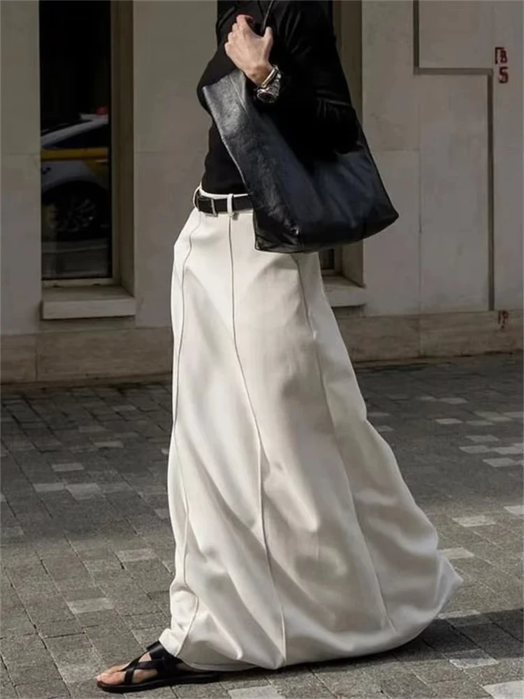 White High Waist Patchwork Long Skirt For Women Loose Casual Pocket Elegant Solid Fashion Summer 2023 Female Maxi Skirt