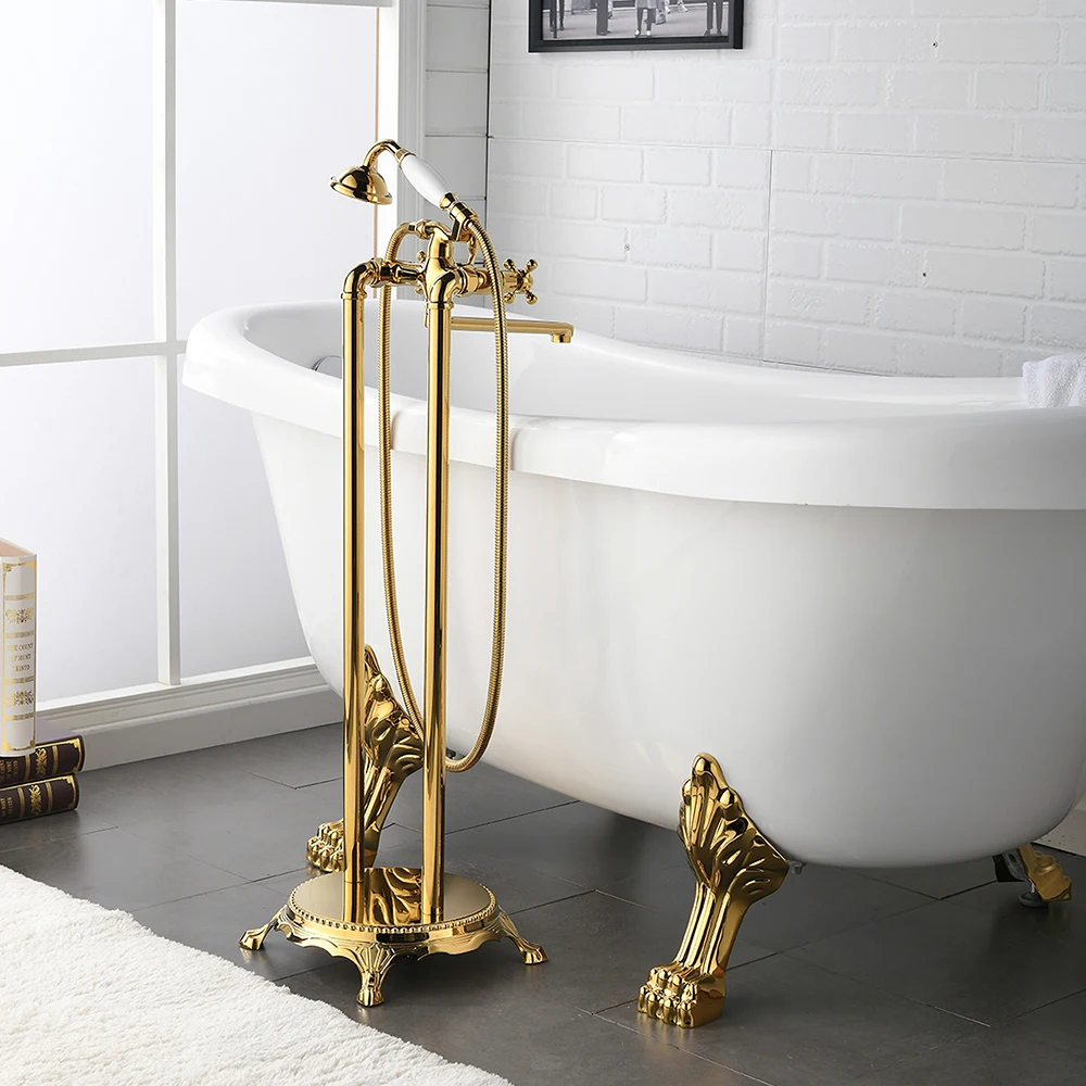 

SKOWLL Отдельностоящий наполнитель для ванны Напольные крестообразные ручки Длинный излив для ванны с ручным распылителем Телефонный тип