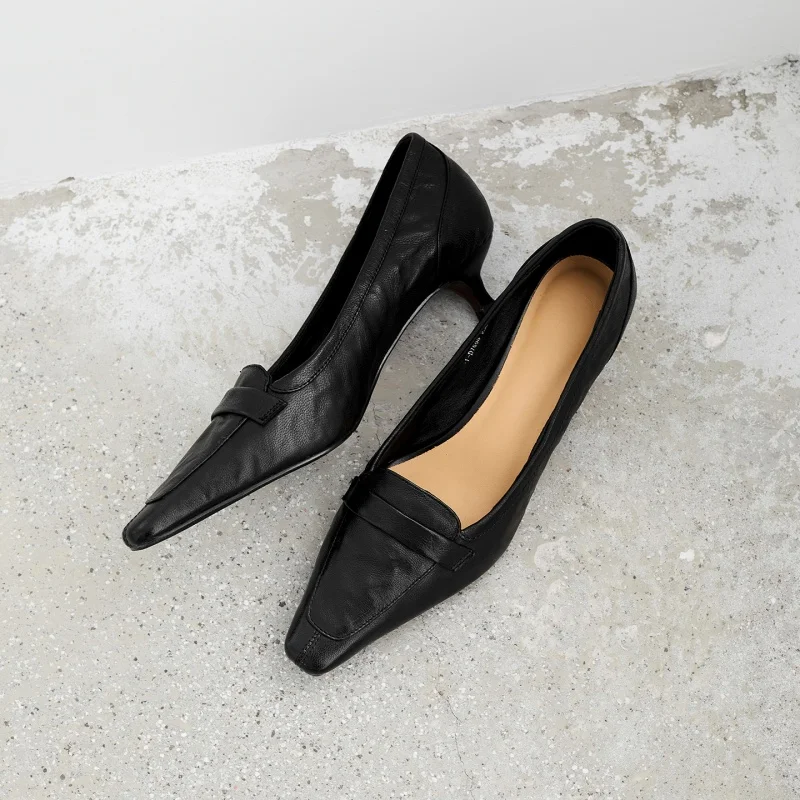 MKKHOU Fashion Pumps New High Quality Genuine Leather Shoes Retro Square Head Cat Heels High Heels Commuter Women's Heels Shoes