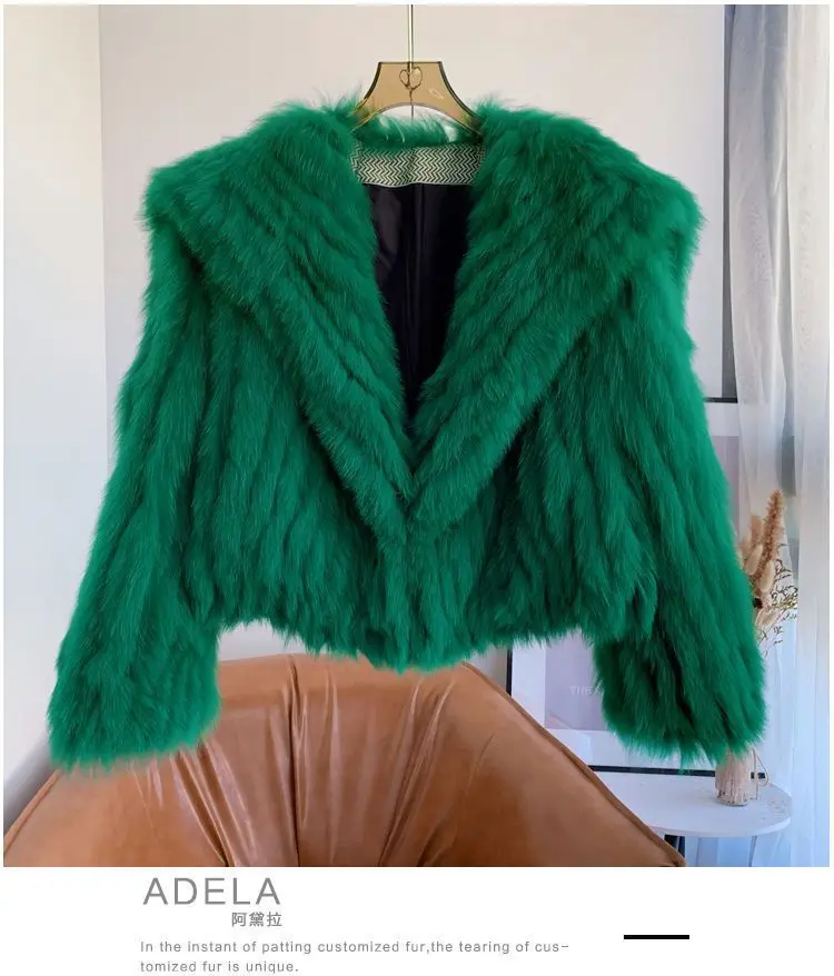 Imitation Fur Short Coat Woven Rex Rabbit Fur Green Long Hair Lapel Winter Coat