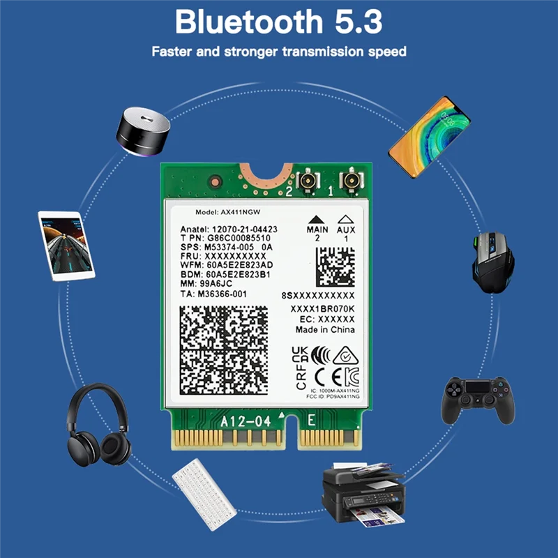 For Intel AX411 WiFi Card+2X8DB Antenna WiFi 6E CNVio2 BT 5.3 Tri-Band 5374Mbps Module for Laptop/PC Win10/11-64Bit