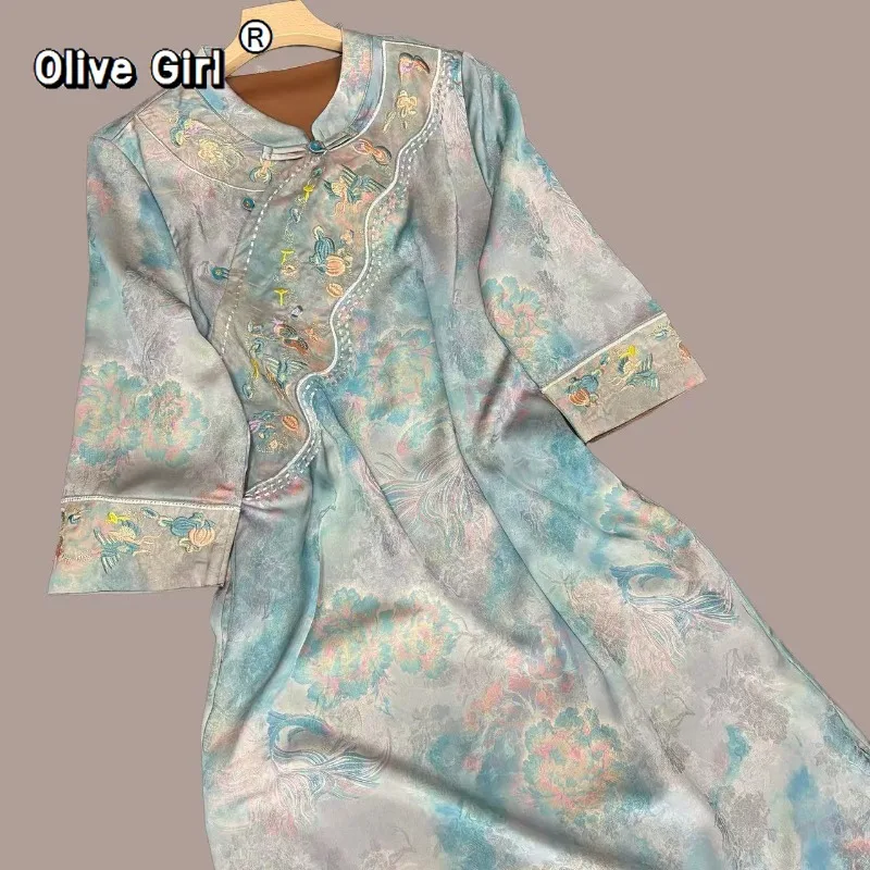 Китайское платье Olivegirl Qipao 2026, вышивка, ароматная облачная пряжа, жаккардовое женское роскошное платье средней длины для женщин среднего возраста