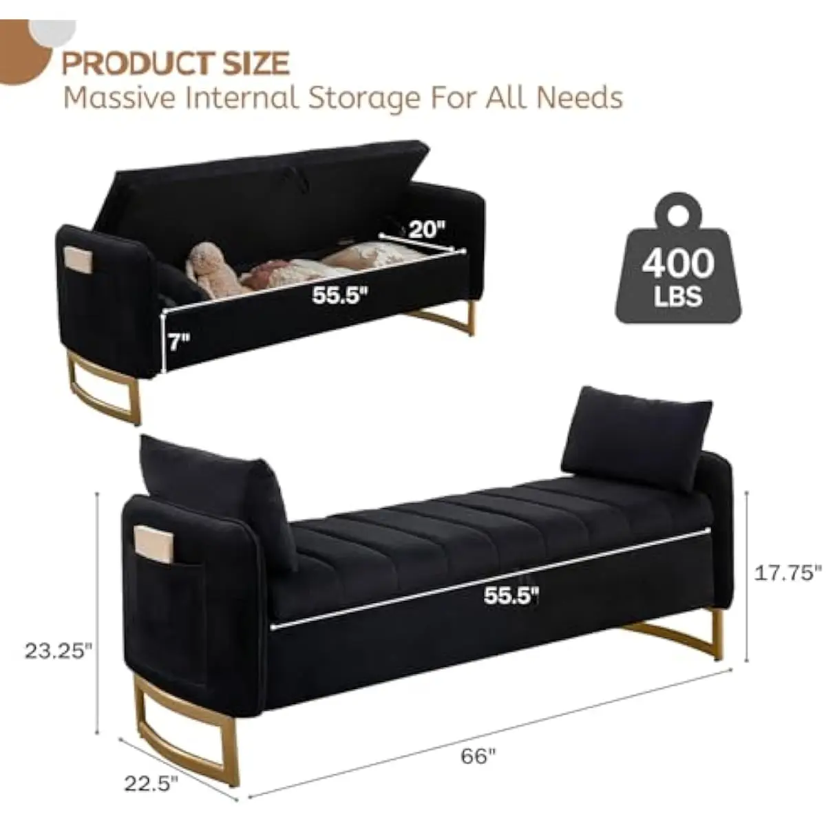 66 Inch Long Modern Black Storage Bench with Hidden Compartment Flip Top Lid Golden Curved Iron Legs Thick Armrests Soft Upholst