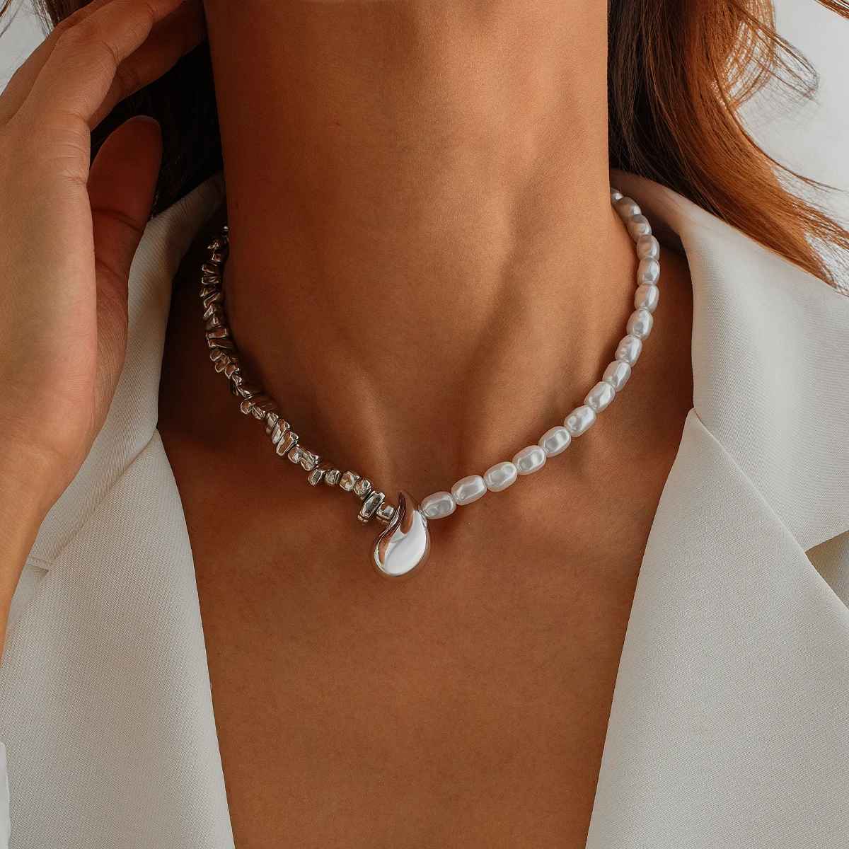 SHIXIN 2Pcs/Set Water Drop Choker Necklace Bracelet for Women Trend Imitation Pearl Clavicle Chain Jewelry Set Neck Accessories