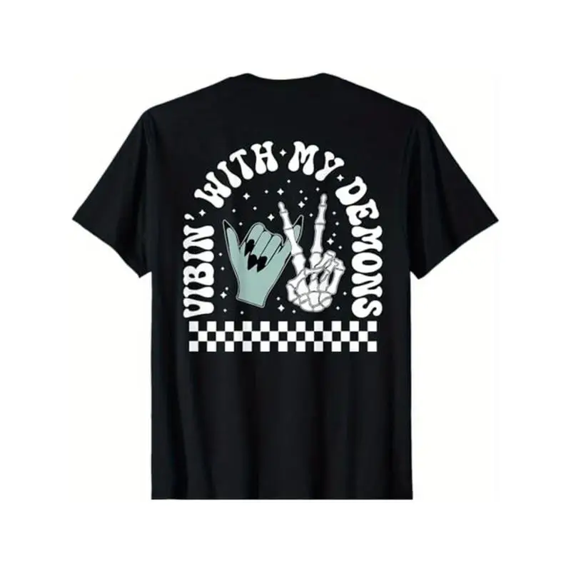 

Vibin' With My Demons T-shirt Women's Aesthetic Pullover Graphic Tee Crewneck Top for Streetwear Hippie Goth Summer