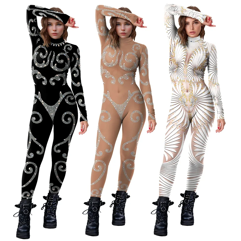 Cosplay glanzende kanten pailletten bedrukte bodycon bodysuit met lange mouwen sexy jumpsuit volwassen carnaval feestprestaties zentai catsuits