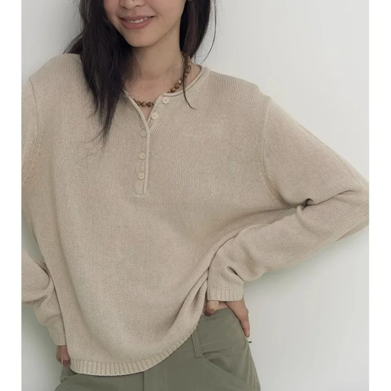 Button-down Front Open-neck Long-sleeved Knitwear Pullovers