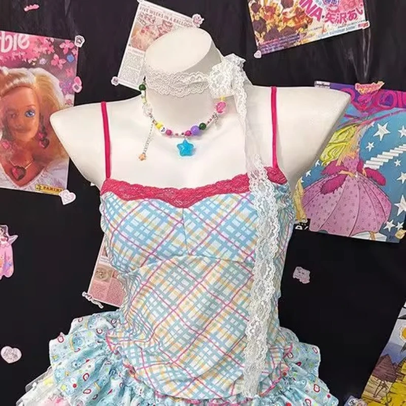 오리지널 플래드 레이스 컷아웃 슬리브리스 여성 슬링 일본풍 스윗 핫걸 Y2K 컬러풀 케이크 미니스커트 세트 여성용