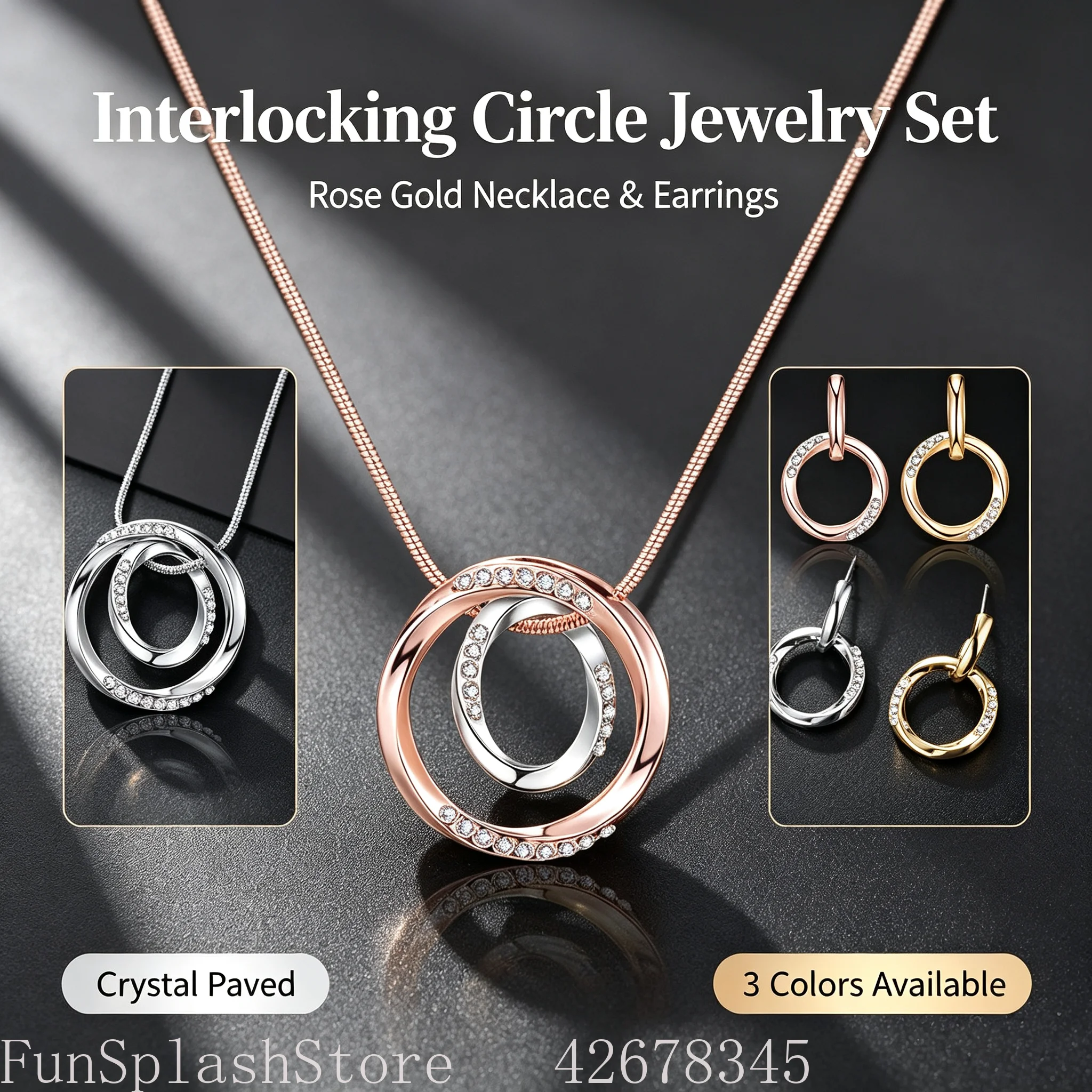 Women Rhinestone Mobius Band Jewelry Set, Geometric Round Pendant Necklace & Earrings, Fashion Sparkling Ornament Gift for Her
