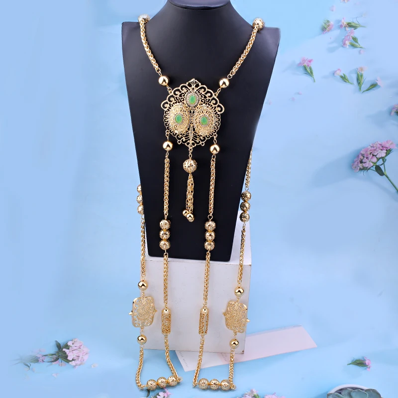 Gold Plated Moroccan Bride Body Jewelry Chain with Rhinestone Middle East Wedding Back Shoulder Chain for Women Ethnic Jewelry