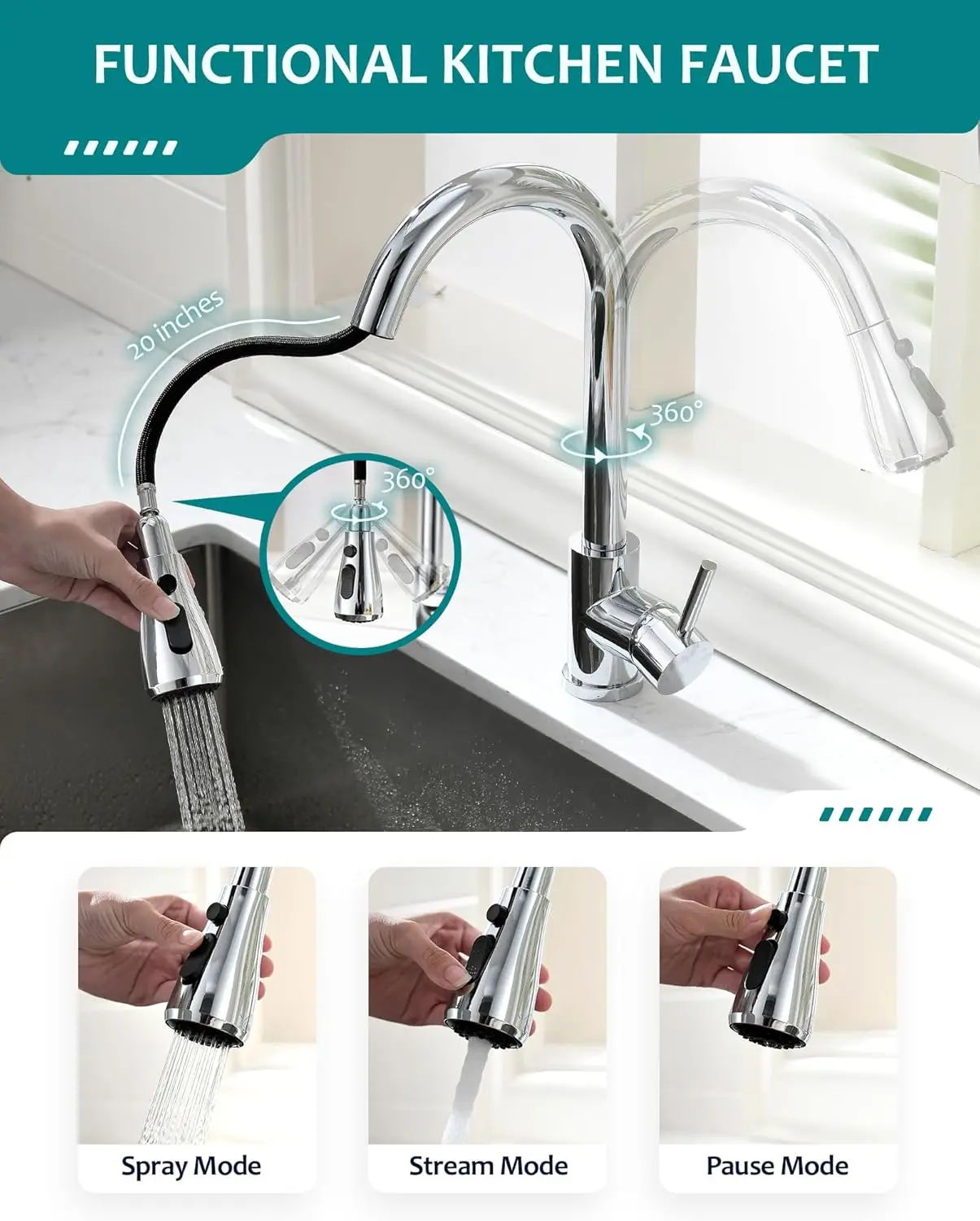 Chrome Kitchen Sink Faucet, Kitchen Faucet with Pull Down Sprayer Commercial Stainless Steel Laundry Single Handle Faucet