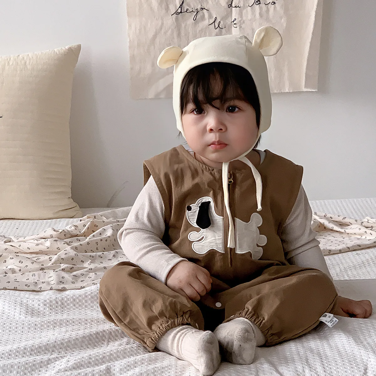 

Autumn Infant Baby Boys Two-piece Set Solid Colored Long Sleeve Newborn Boys Top Printed Kid Boys Bodysuits With Puppy Patterns