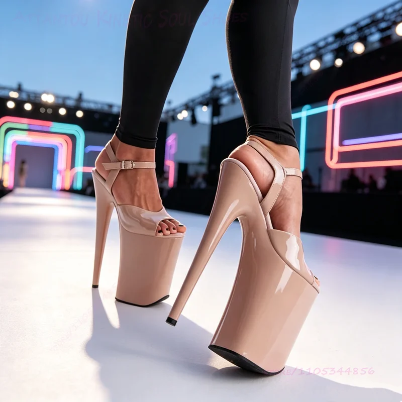 Patent Leather Nude Light Color Peep Toe 23cm Sandals 9 Inches Pole Dancer Heels High Platform Sexy Open Ankle Buckle Stage Shoe