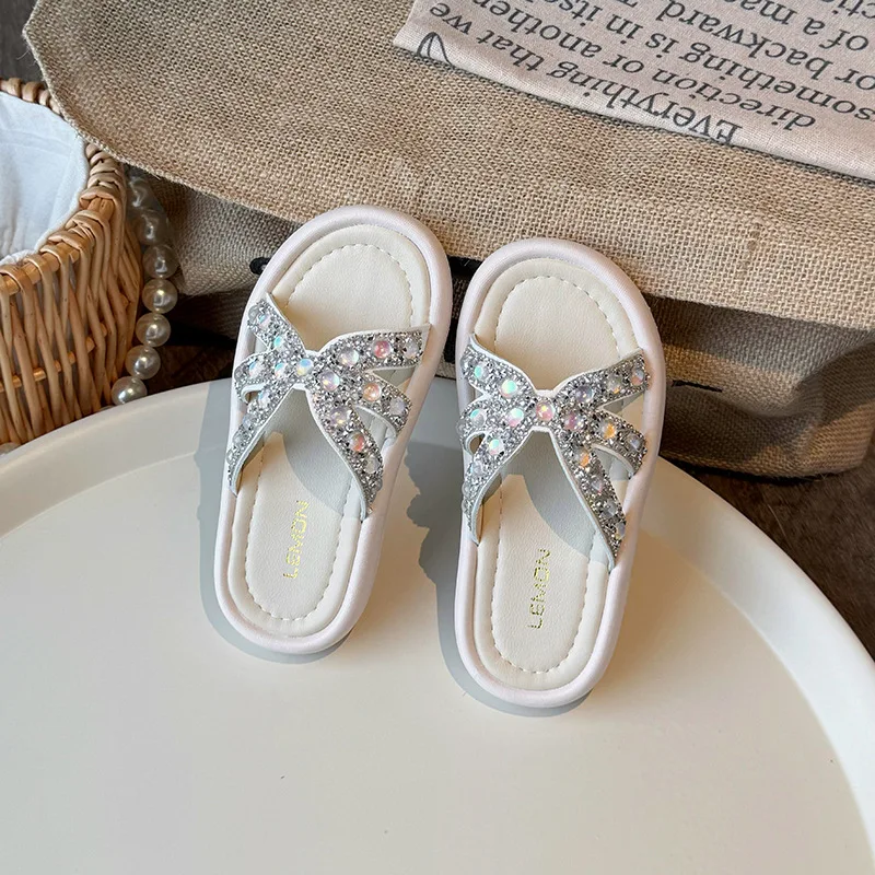 Children Slippers Outdoors 2024 New Girls Fashion Princess Beach Shoes with Shiny Rhinestone Kids Versatile Sandals for Vacation