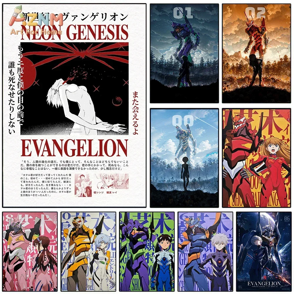 AZNM Neon Genesis Evangelion - Impresión en lienzo para pared, póster sin marco, EVA Unidad 01 02 00, Asuka, Rei, Shinji, pintura de anime para Ro