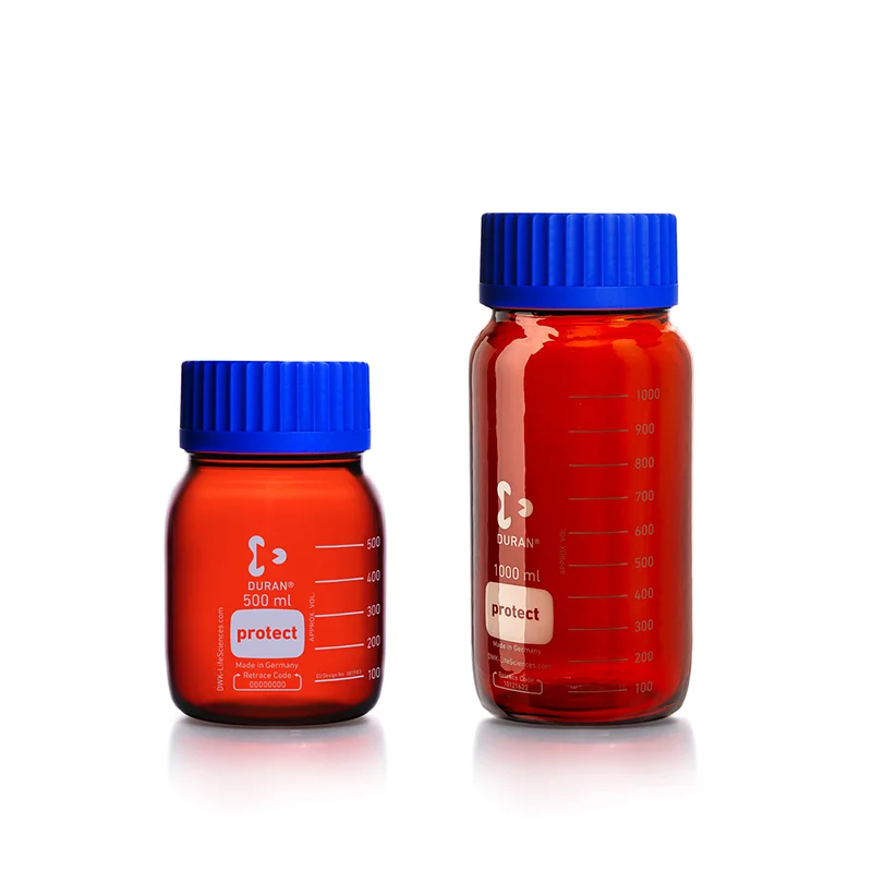 

DURAN® protect GLS 80® Laboratory Bottle, wide mouth, amber, plastic safety coated, with screw cap and pouring ring