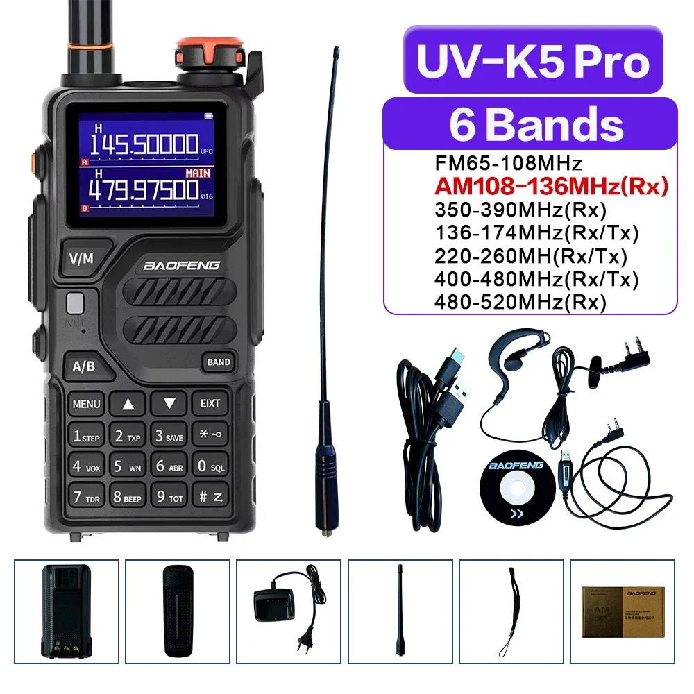 

Baofeng UV-K5 Pro Air Band Walkie Talkie Беспроводная частота копирования 12 Вт Type-C Приемник коммутатора дальнего действия Ham Two Way Radio