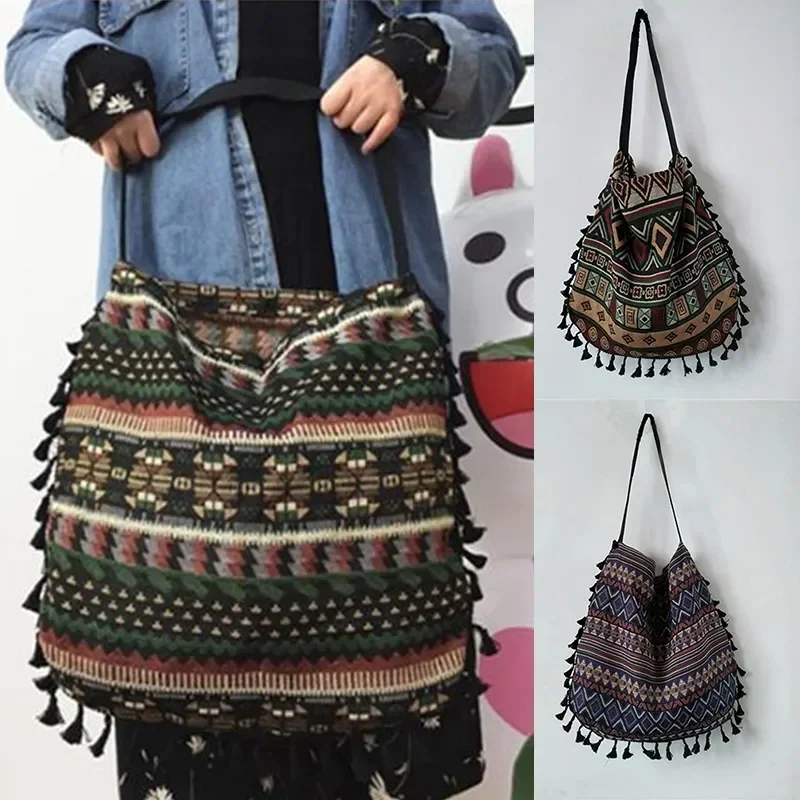 

Vintage Ethnic Style Single Shoulder Bag Handbag Tassel Cotton Linen No Lining with Inner Pocket Fashion Womens Bag Summer Boho