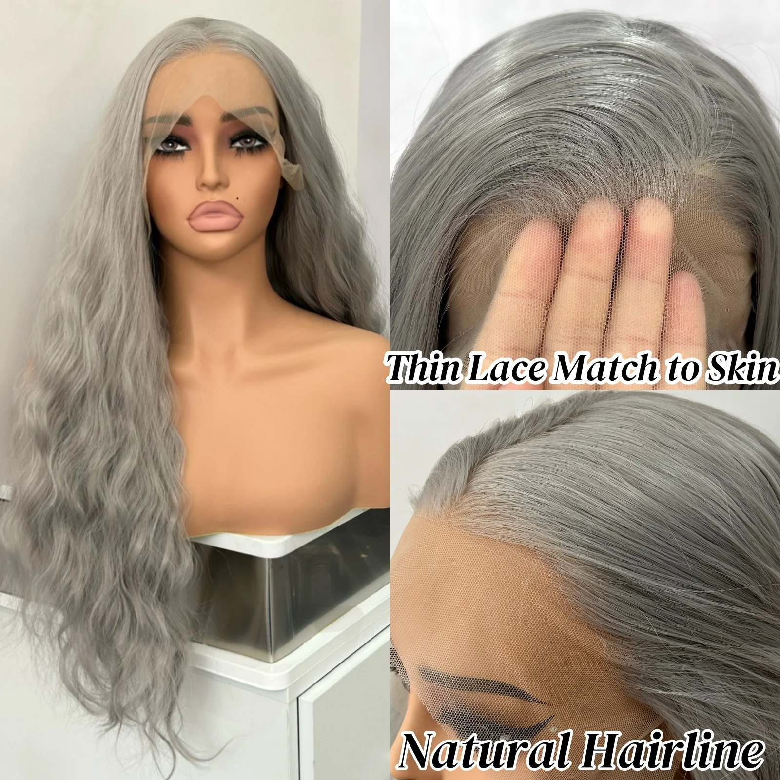فضي رمادي موجة طبيعية طويلة متموجة مجعد الاصطناعية الدانتيل الجبهة الباروكات للنساء جزء مجاني قبل قطعها موجة المياه الرمادي الملونة الباروكات #6