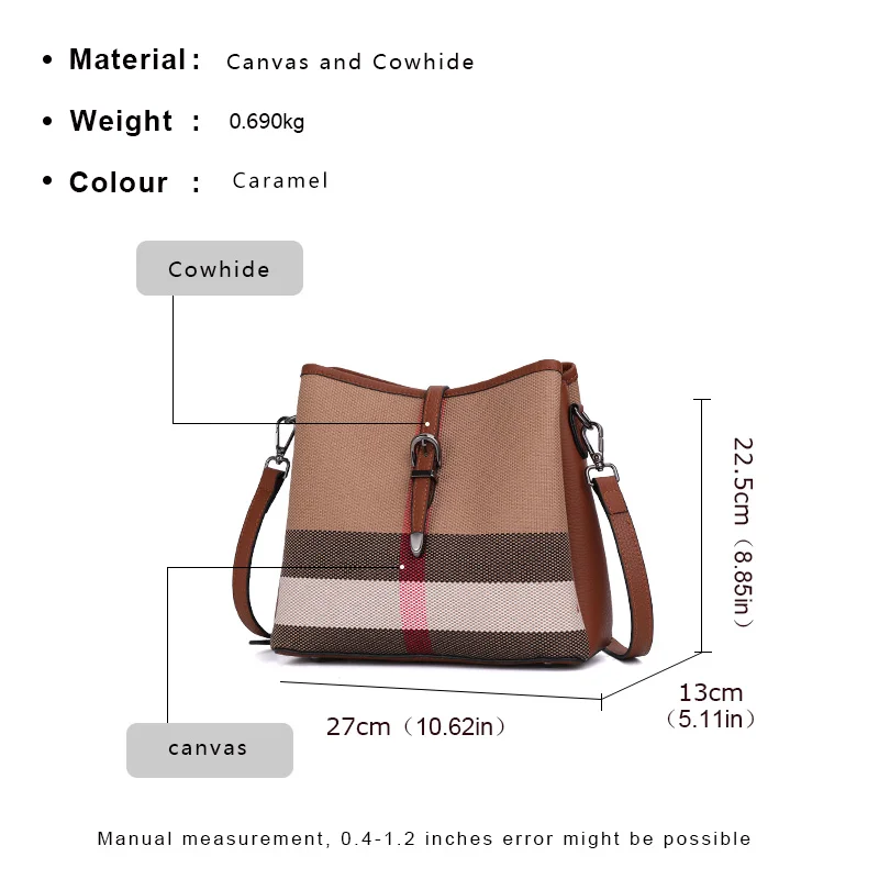 Aidrani Classic genuine leather women\'s shoulder bag, large capacity checkered crossbody bag, canvas patchwork cowhide design