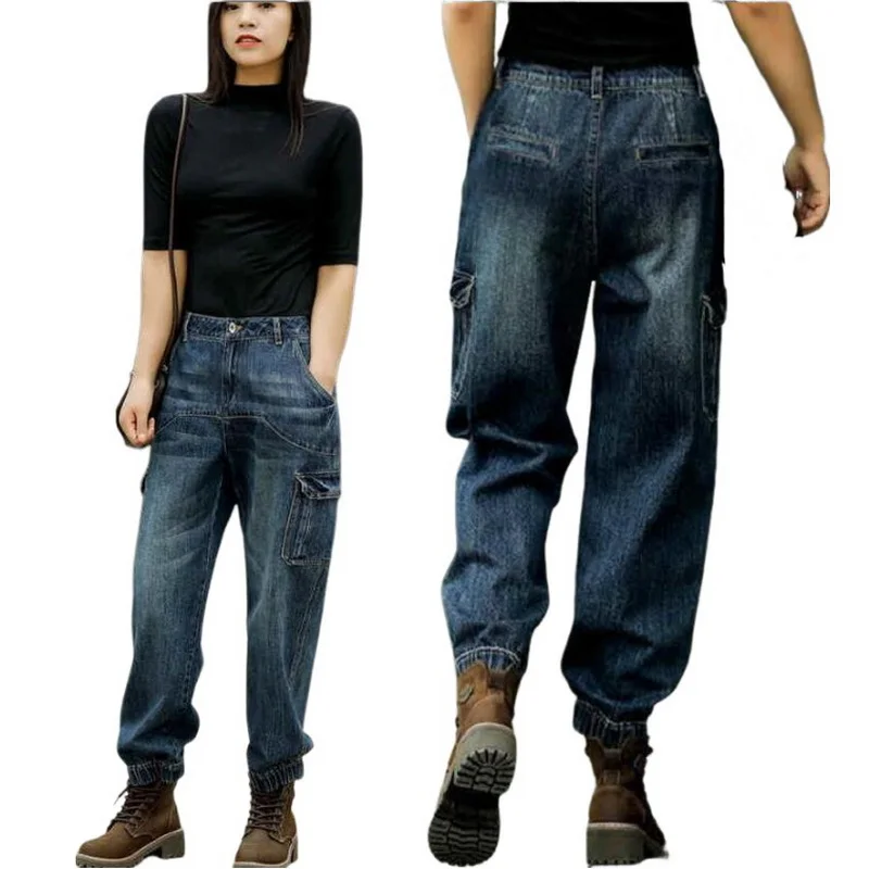 High Waisted Jeans Women,Loose Baggy Pants Elastic Waist Straight Leg Dad Denim Trousers