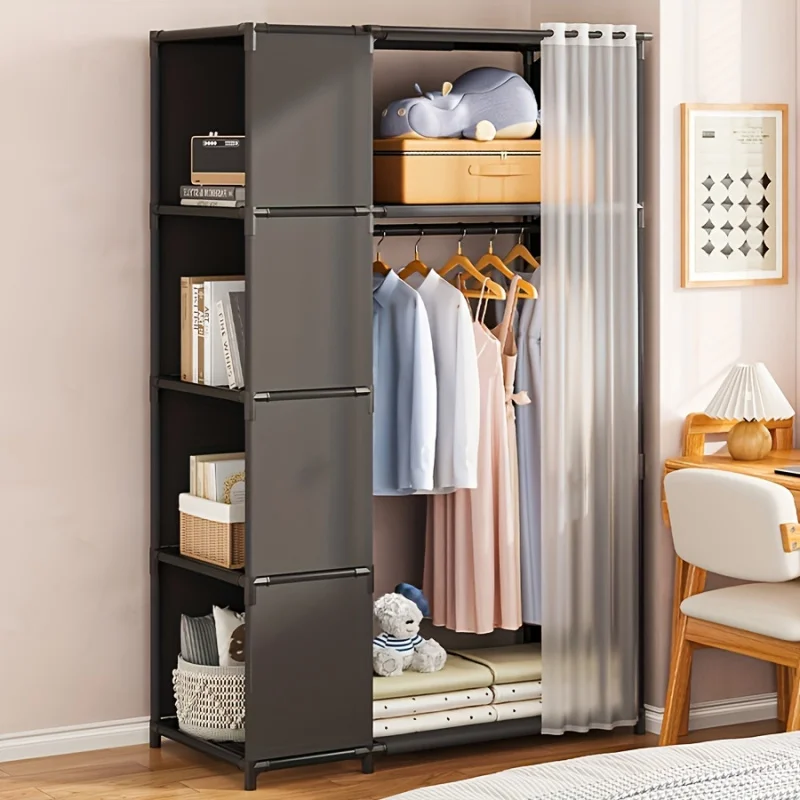 Independent Metal Plastic Wardrobe with Dust Cover, Multifunctional Clothing Storage, Easy to Assemble, Portable Wardrobe