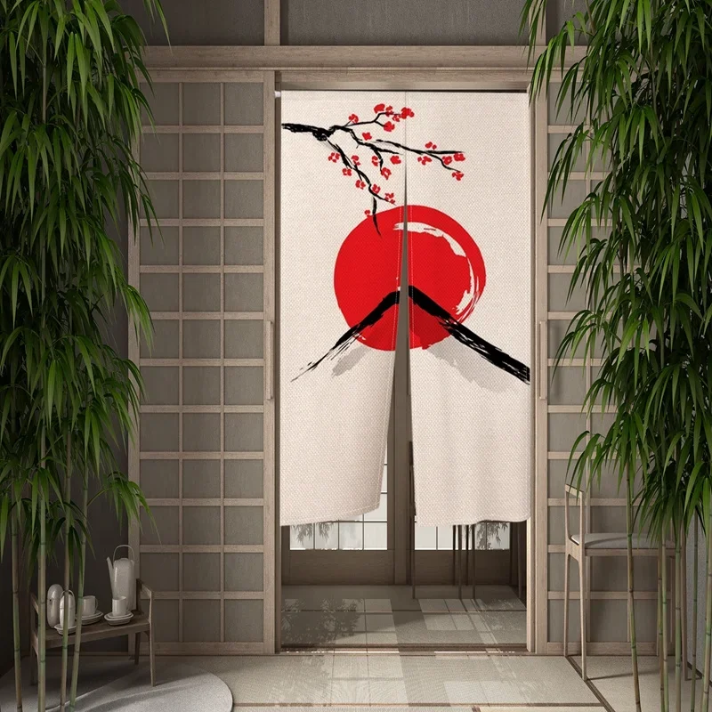 Japanese Doorway Partition Curtains Mount Fuji Red Sun Door Curatin Cherry Blossoms Kitchen Bedroom Room Door Decor Half Curtain