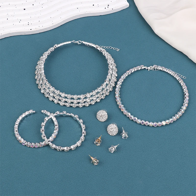 3Pcs Women's Jewelry Set With Rhinestones Multi-layer Collars Necklace Earrings Bracelets Wedding Party Accessories