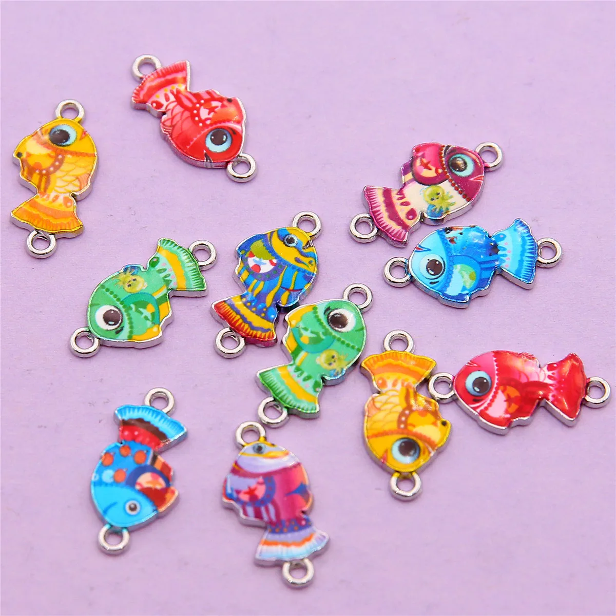 Accessoires pour cheveux en alliage émaillé, mélange de documents, petit poisson, double face, connecteur, bracelet à faire soi-même, collier, accessoires pour cheveux, 11x22mm, 10 pièces