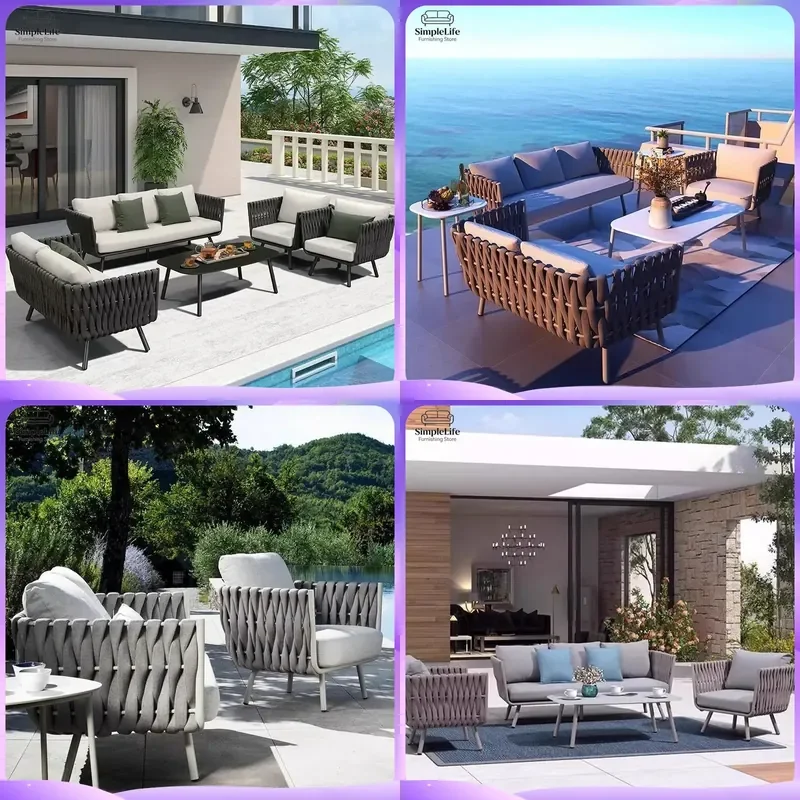 Outdoor Rattan Sofa Set for Garden Patio Courtyard Terrace Balcony Waterproof Sunproof Aluminum Frame Wicker Lounge Sofa