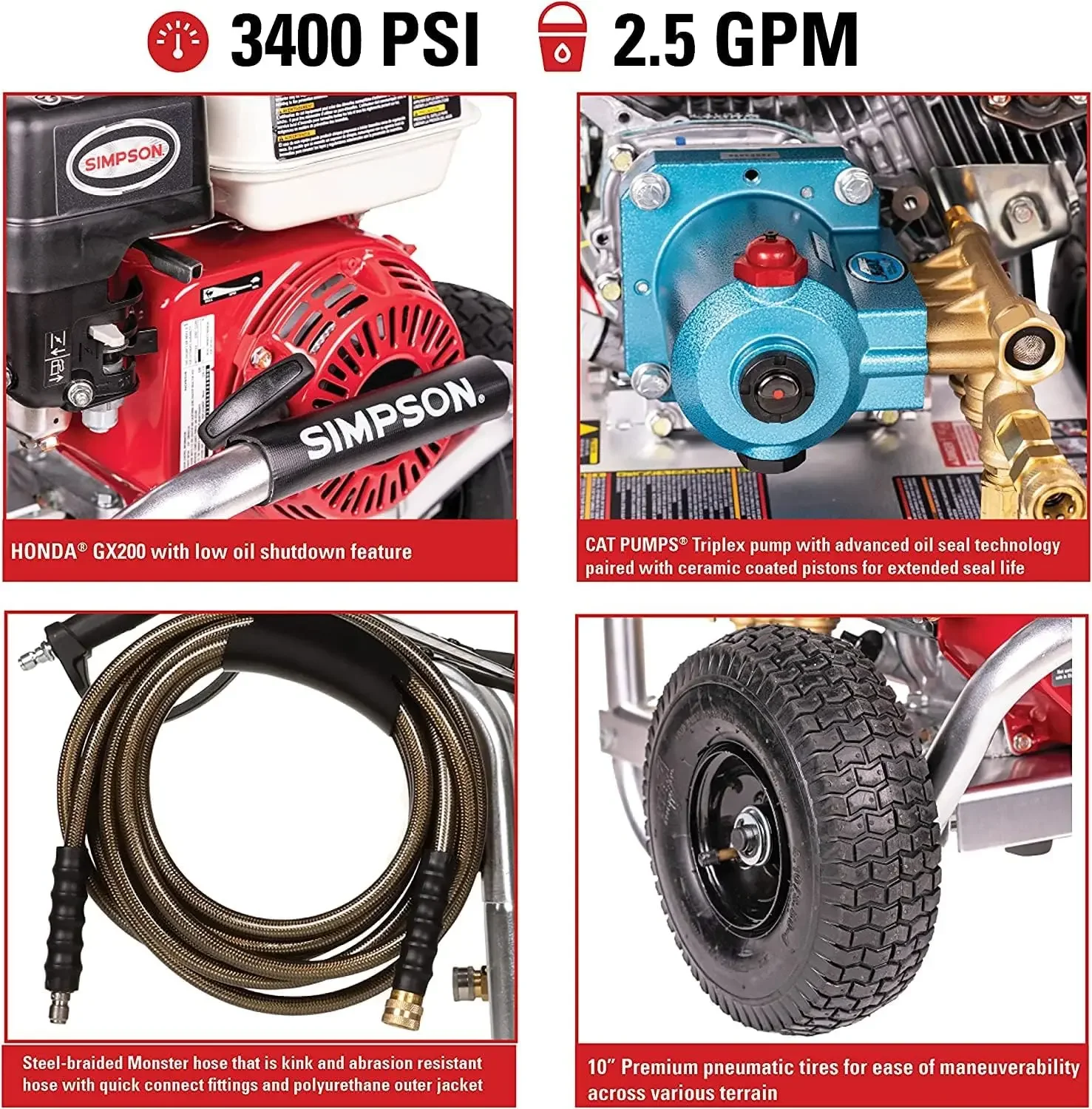 Cleaning -S Aluminum Series 3400 PSI Gas Pressure Washer, 2.5 GPM, GX200 Engine, CAT Triplex Pump