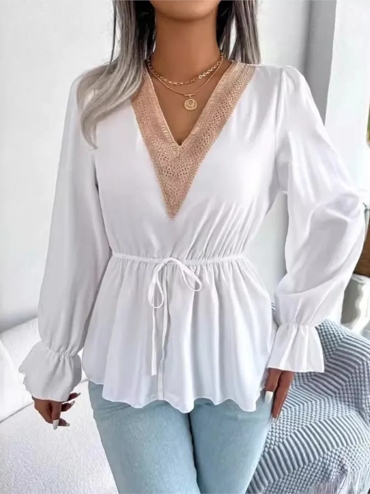 Spring Summer Women's New Sexy V-neck Fashionable Lace Patchwork Tie with Waist Cinched Ruffle Edge Long Sleeved Chiffon Shirt