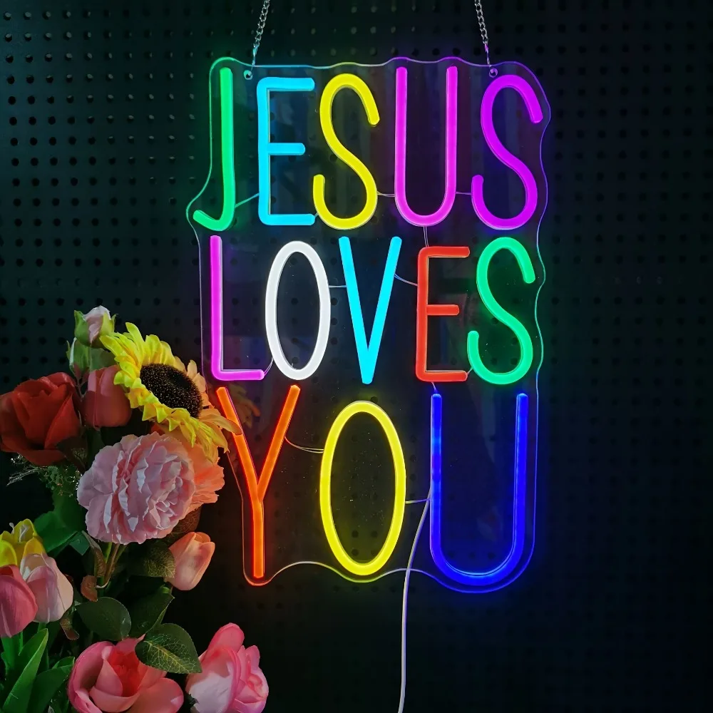 

'JESUS LOVES YOU' Neon Sign, LED Wall Light, Colorful Glowing Text for Rooms, Christian Church, Wedding, Birthday, Parties Decor