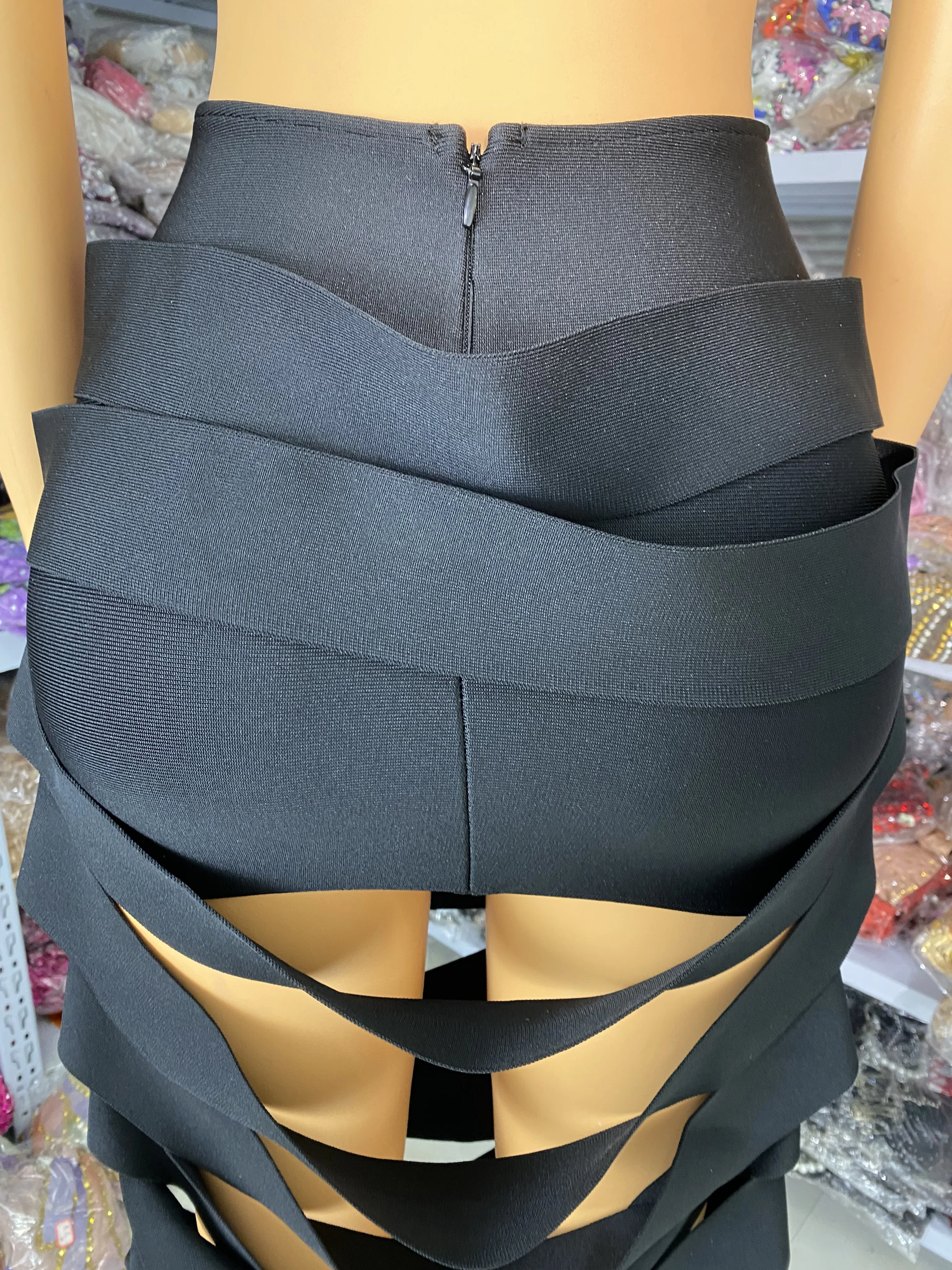 Novo designer preto bandage vestido feminino gótico corte sem costas desfiado tópico vestido de festa à noite uma peça pista moda vestido