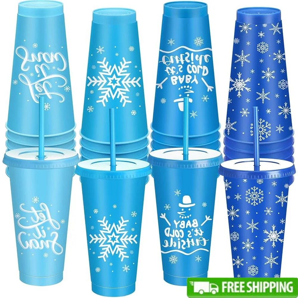 

48 Pcs Winter Snowflake Cups Reusable Coffee Tumbler with Lid Straw Plastic Travel Mugs Christmas Party Outdoor Events