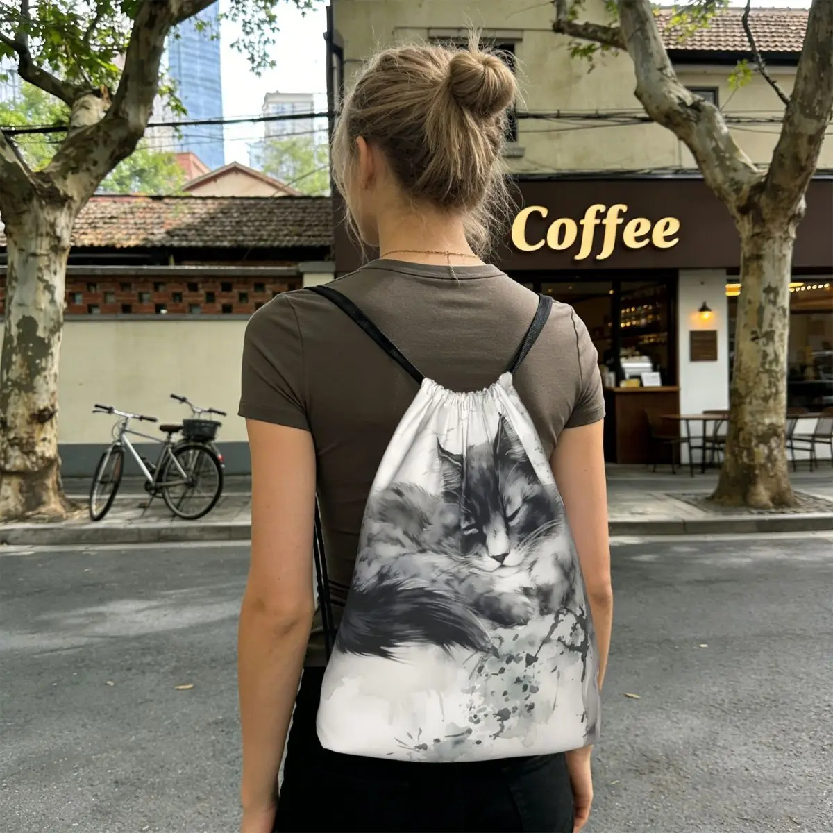 Cat Sleeps On A Tree Branch Print Backpacks Casual Drawstring Bundle Pocket Storage Bag Book Bags for Man Woman School