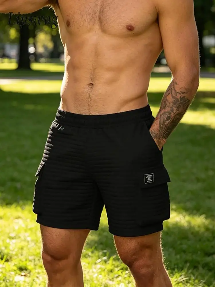 

Spring Summer Sports Fitness Mens Shorts Vintage Waffle Plaid Textured Multi Pocket Cargo Shorts Men Casual Solid Color Shorts
