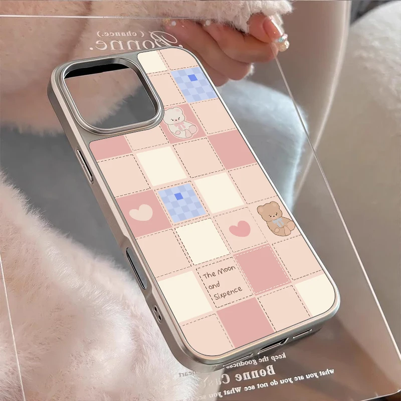 한국 스타일 만화 체크무늬 곰 프로스트 백보드 실버 테두리 충격 방지 폰 케이스 아이폰 17 16 15 14 프로 맥스용