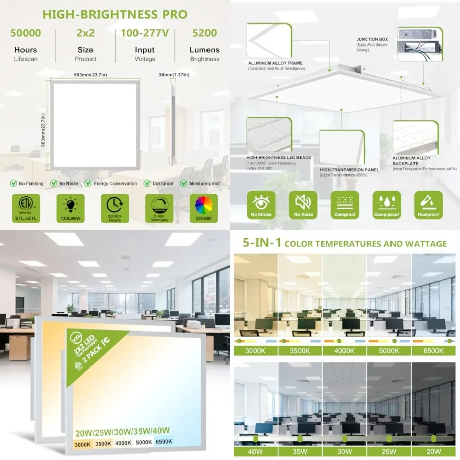2 Pack 2x2 LED Flat Panel Light Drop Ceiling Light Fixture, 5200LM, 5CCT LED Drop Ceiling Office Light, 40W/35W/30W/25W/20W Sel