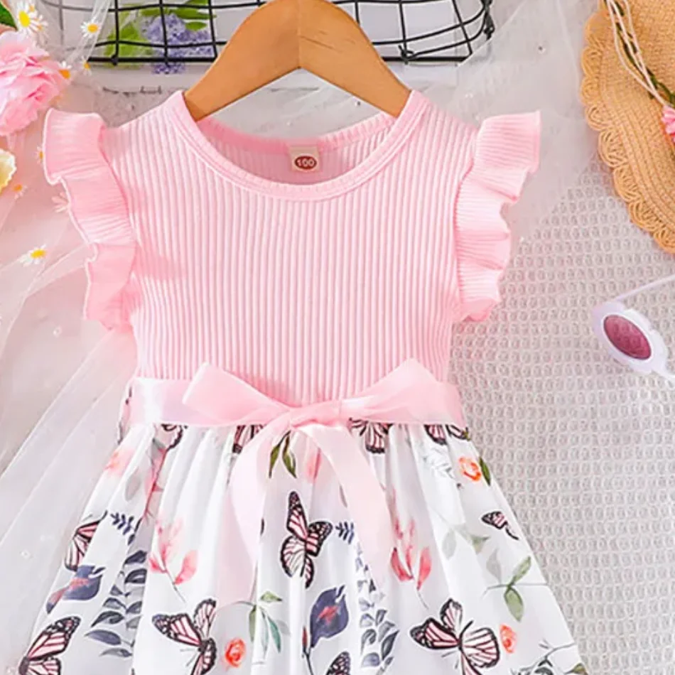 Cute and Comfortable Girls Summer Dress with Butterfly Print and Pitted Stripes Wear Special Occasions Girls Casual Dresses