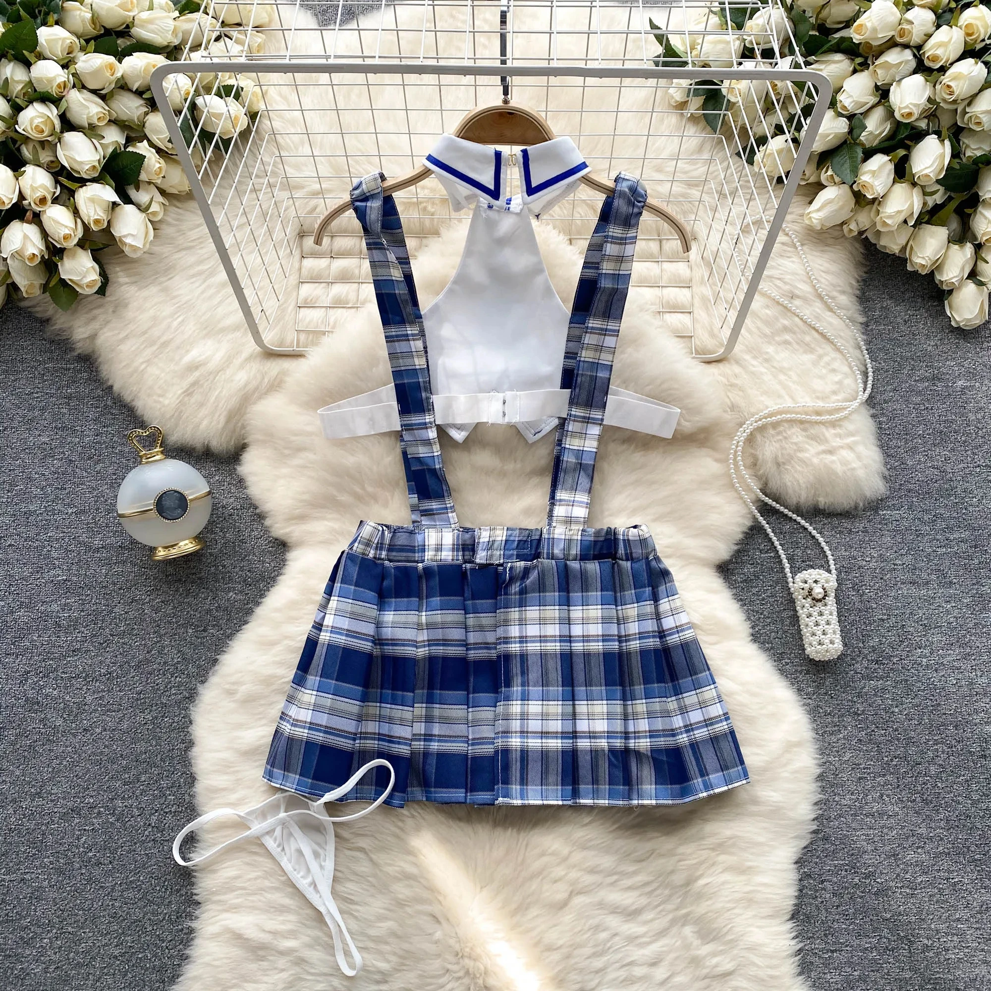 Girls Sexy Cute Japanese JK Uniform Mini Checkered Strap Skirt Off Shoulder High Waist Elastic Cosplay Dress Hot Sweet Pajama