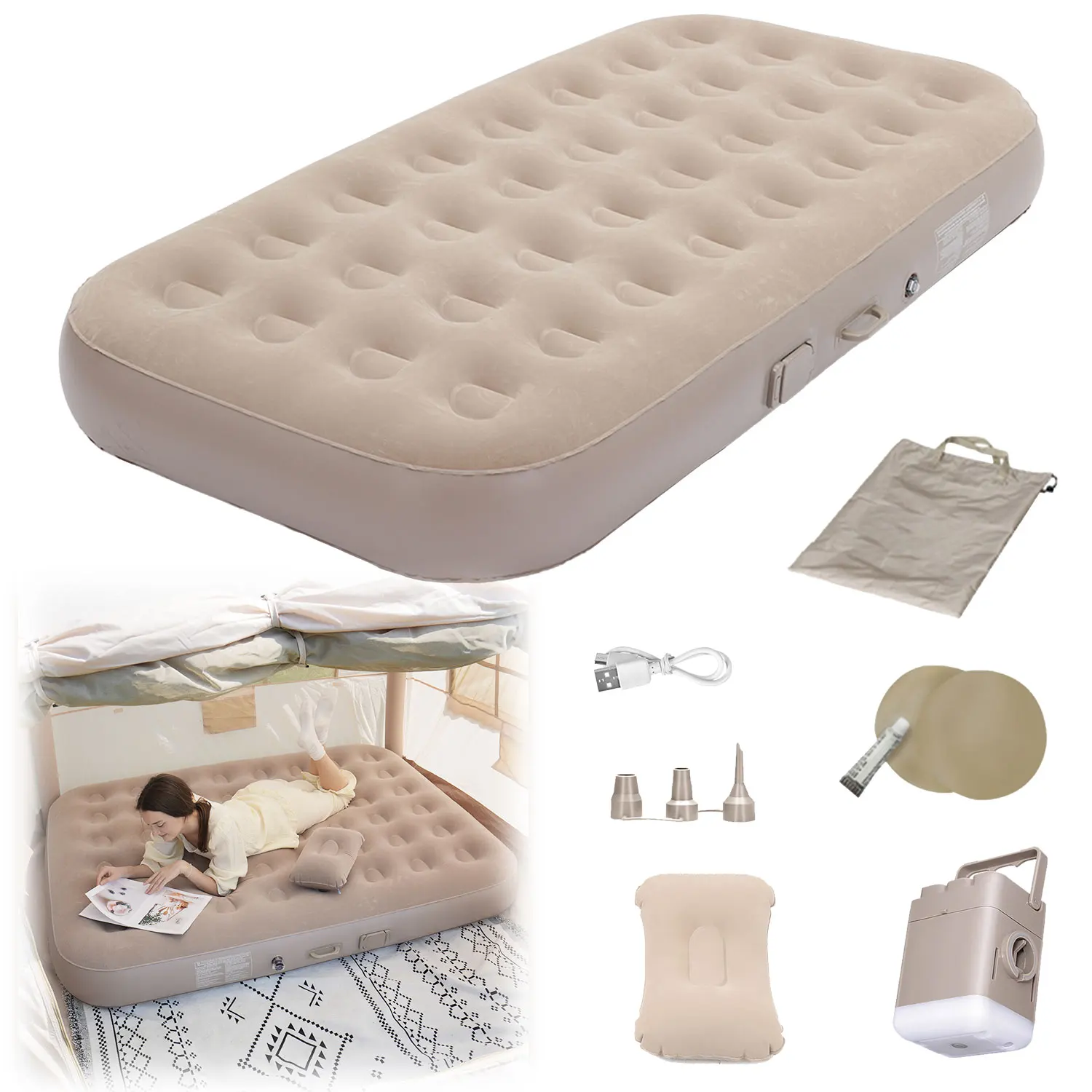 Matelas pneumatique avec oreiller, coussin gonflable automatique pour 1 à 2 personnes, 1m/1,5m, gonflage et dégonflage à une touche, tapis de camping en plein air