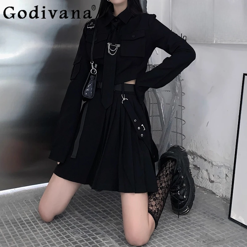 

Large Size Black Spring Autumn Sweet and Cool Short Suit Women Fashion Versatile Age Reduction High Waist Jk Pleated Skirt Sets